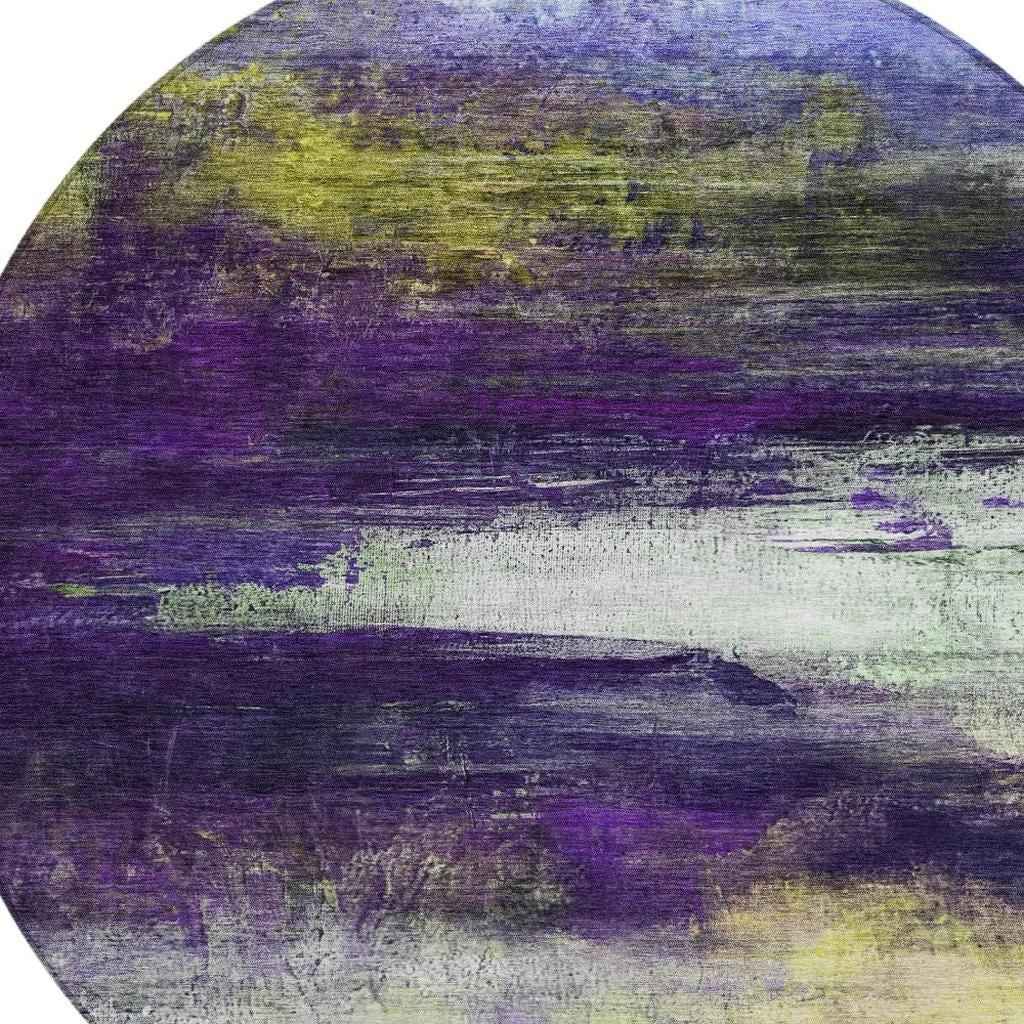 8' Purple Yellow And Ivory Round Abstract Washable Indoor Outdoor Area Rug