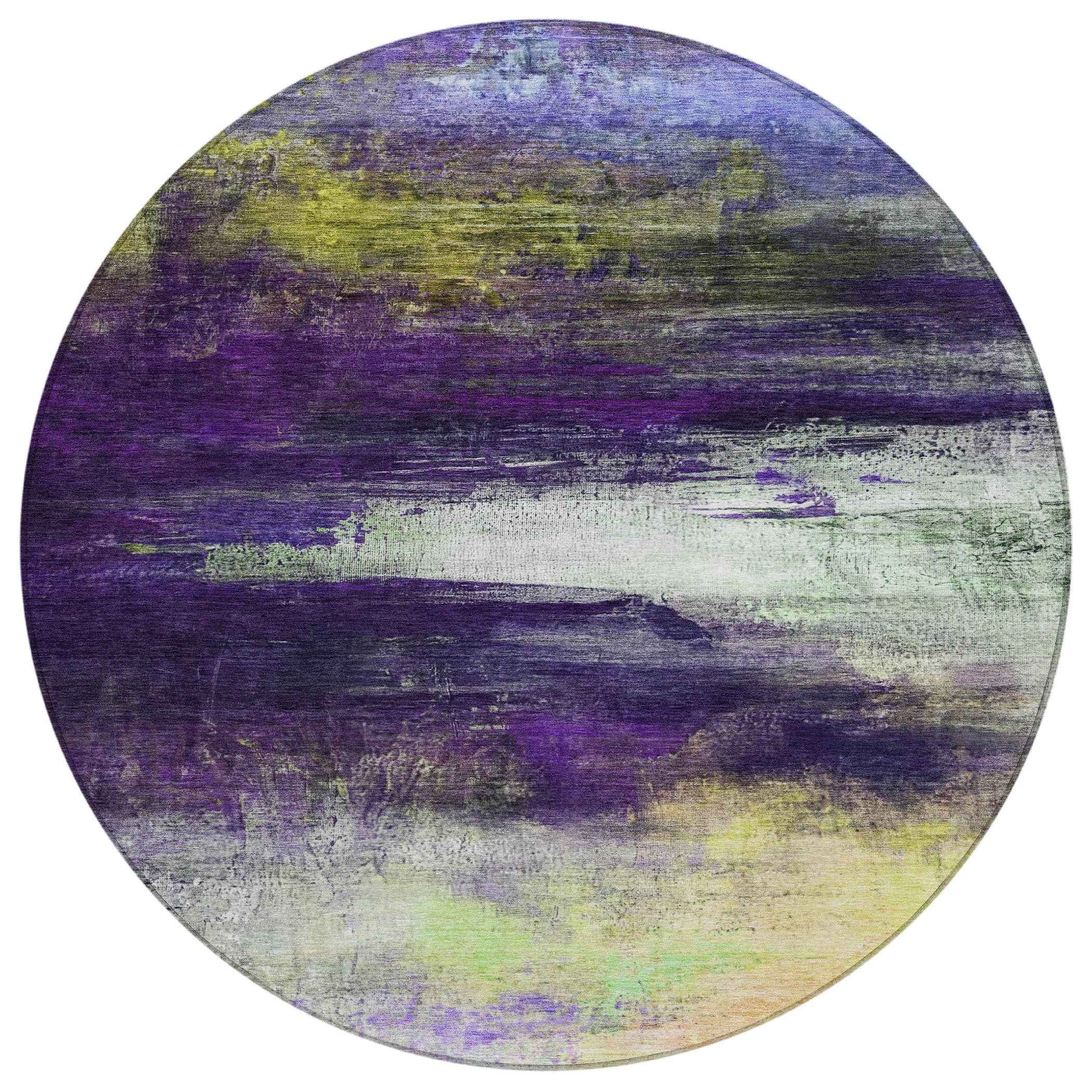 8' Purple Yellow And Ivory Round Abstract Washable Indoor Outdoor Area Rug