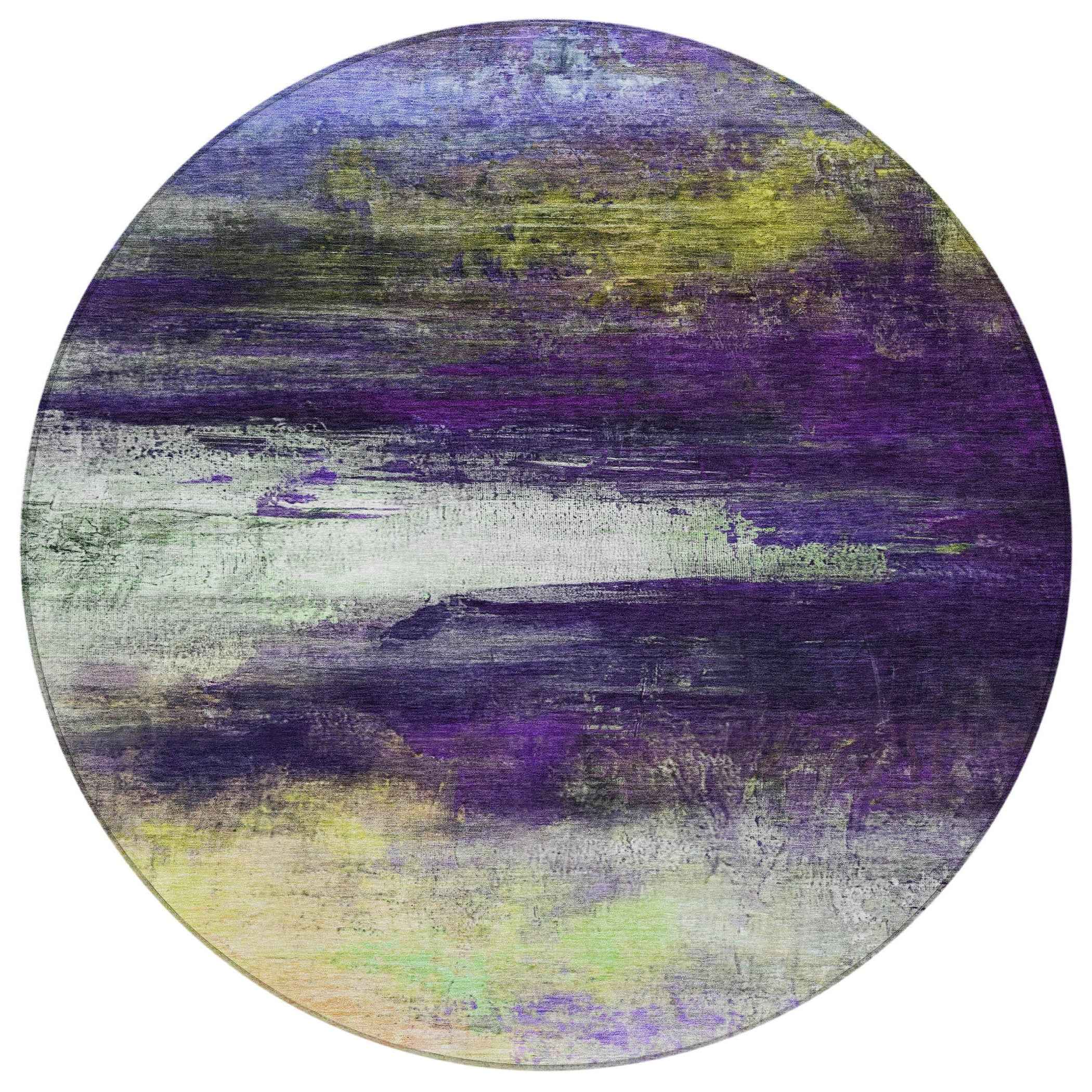 8' Purple Yellow And Ivory Round Abstract Washable Indoor Outdoor Area Rug