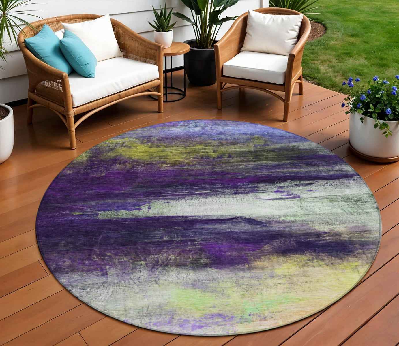 8' Purple Yellow And Ivory Round Abstract Washable Indoor Outdoor Area Rug