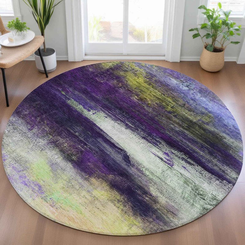 8' Purple Yellow And Ivory Round Abstract Washable Indoor Outdoor Area Rug