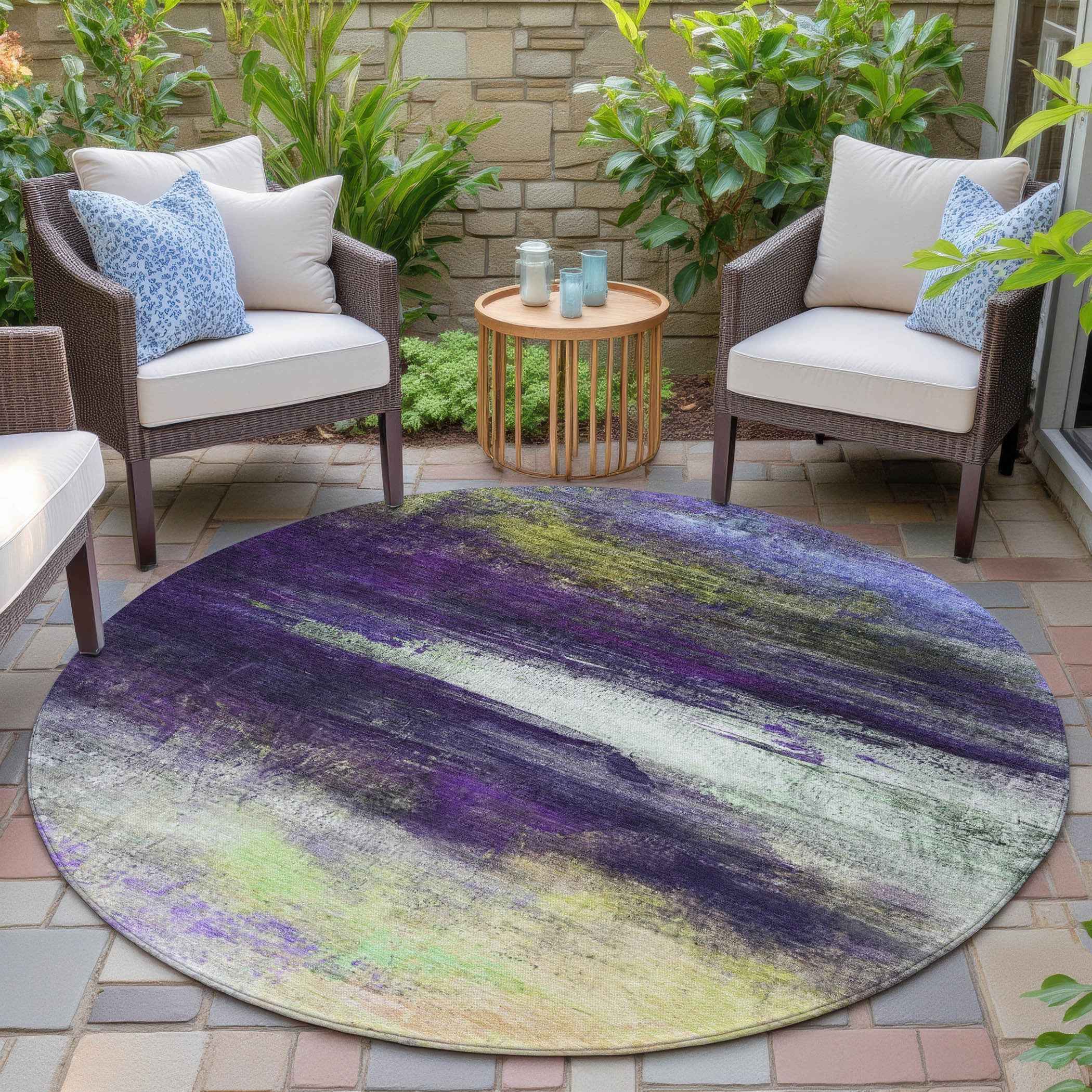 8' Purple Yellow And Ivory Round Abstract Washable Indoor Outdoor Area Rug