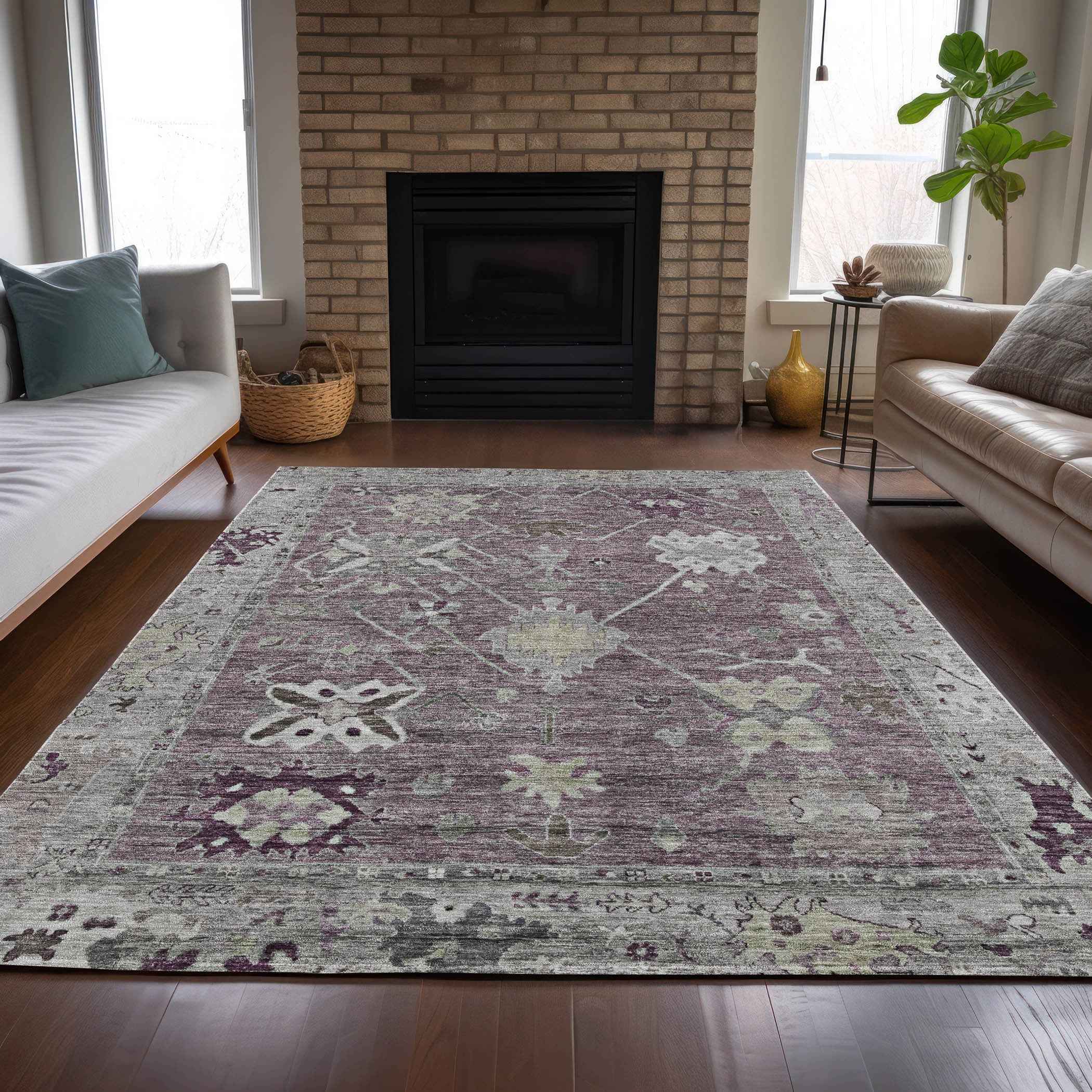 5' X 8' Merlot And Gray Tribal Washable Indoor Outdoor Area Rug