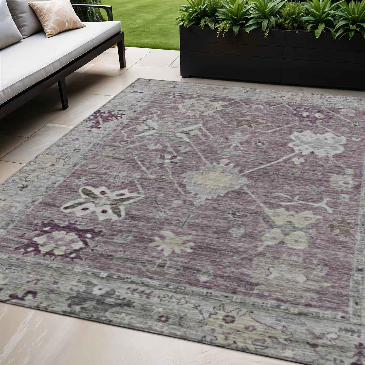 5' X 8' Merlot And Gray Tribal Washable Indoor Outdoor Area Rug