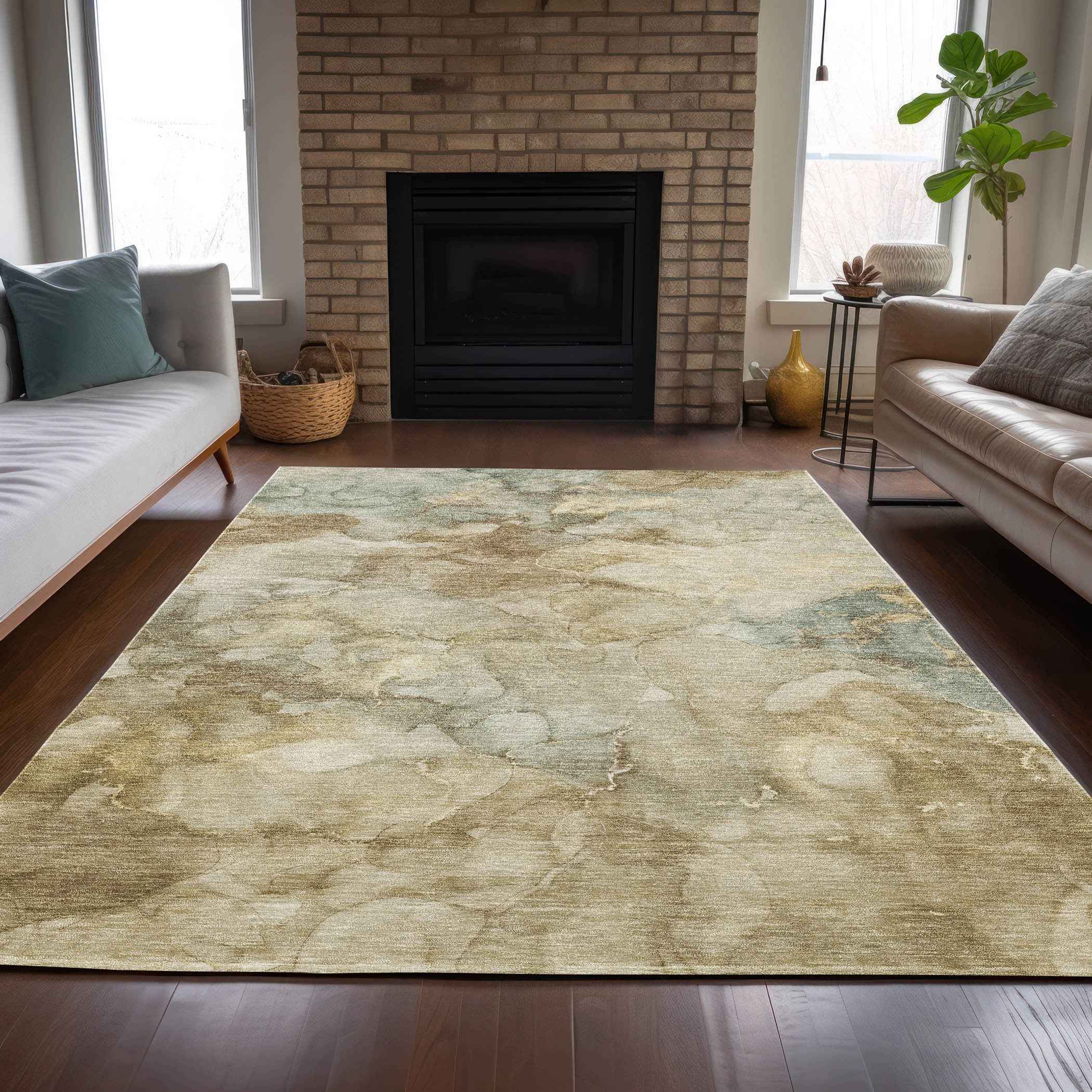 3' X 5' Beige And Ivory Abstract Washable Indoor Outdoor Area Rug