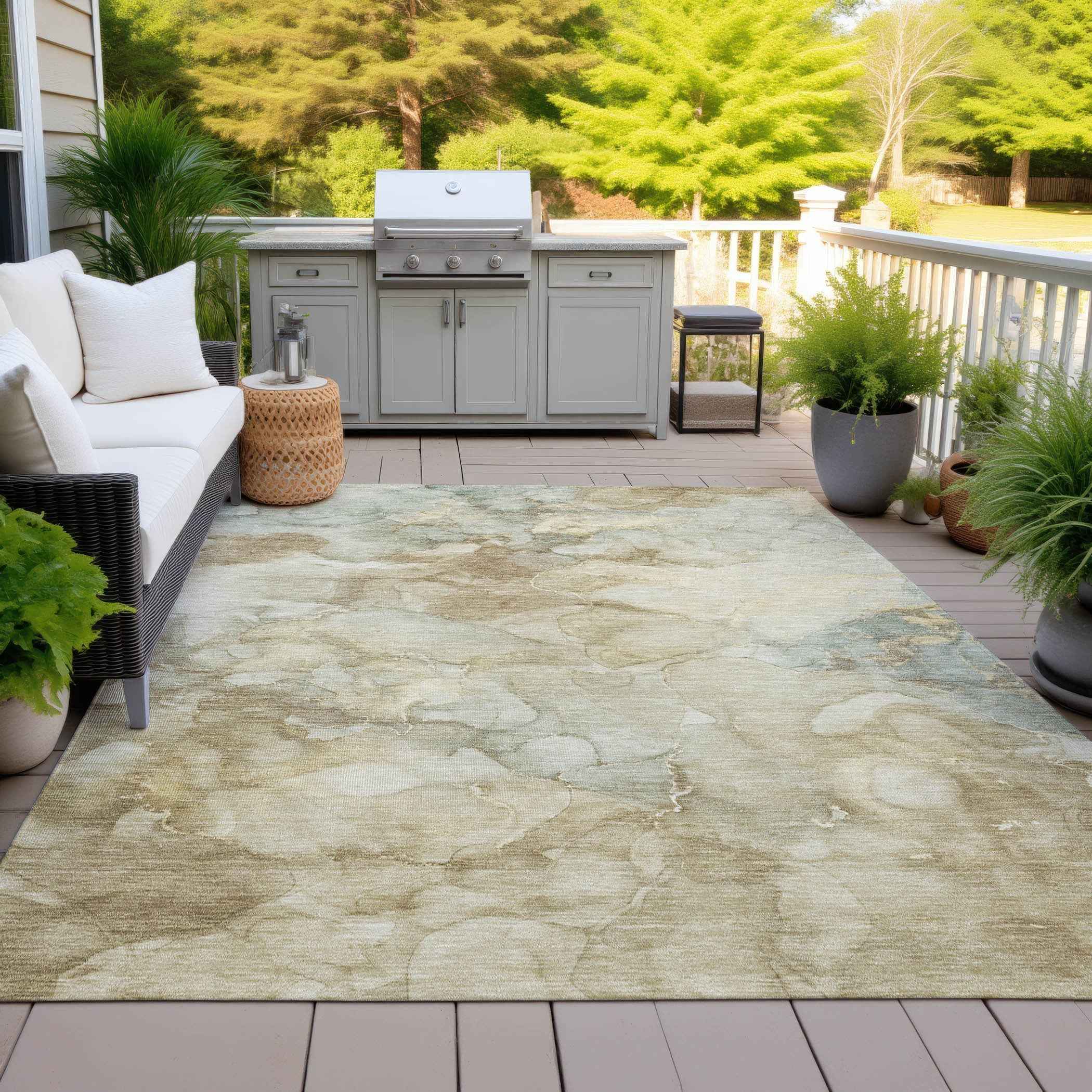 3' X 5' Beige And Ivory Abstract Washable Indoor Outdoor Area Rug