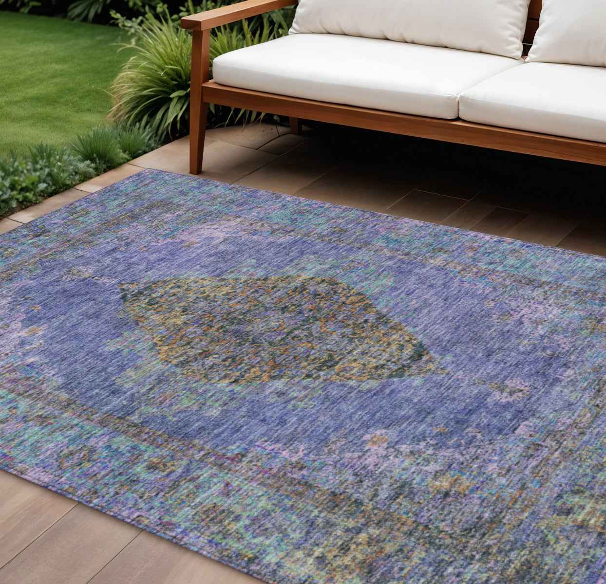 8' X 10' Purple And Gold Medallion Washable Indoor Outdoor Area Rug