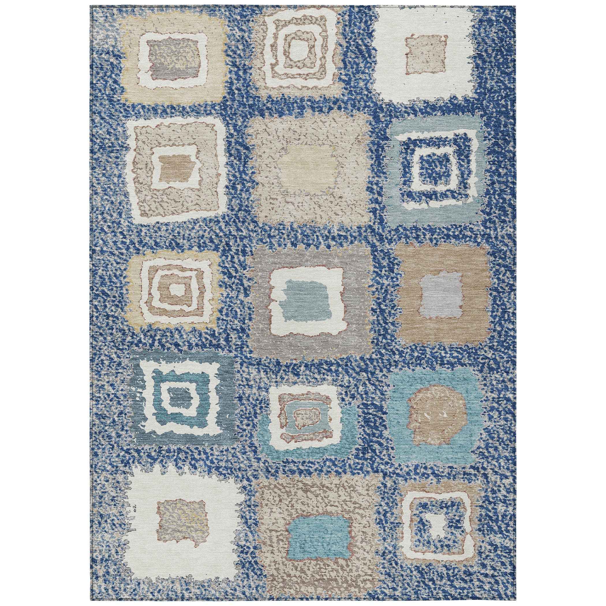 8' X 10' Navy Blue Beige And Ivory Geometric Washable Indoor Outdoor Area Rug