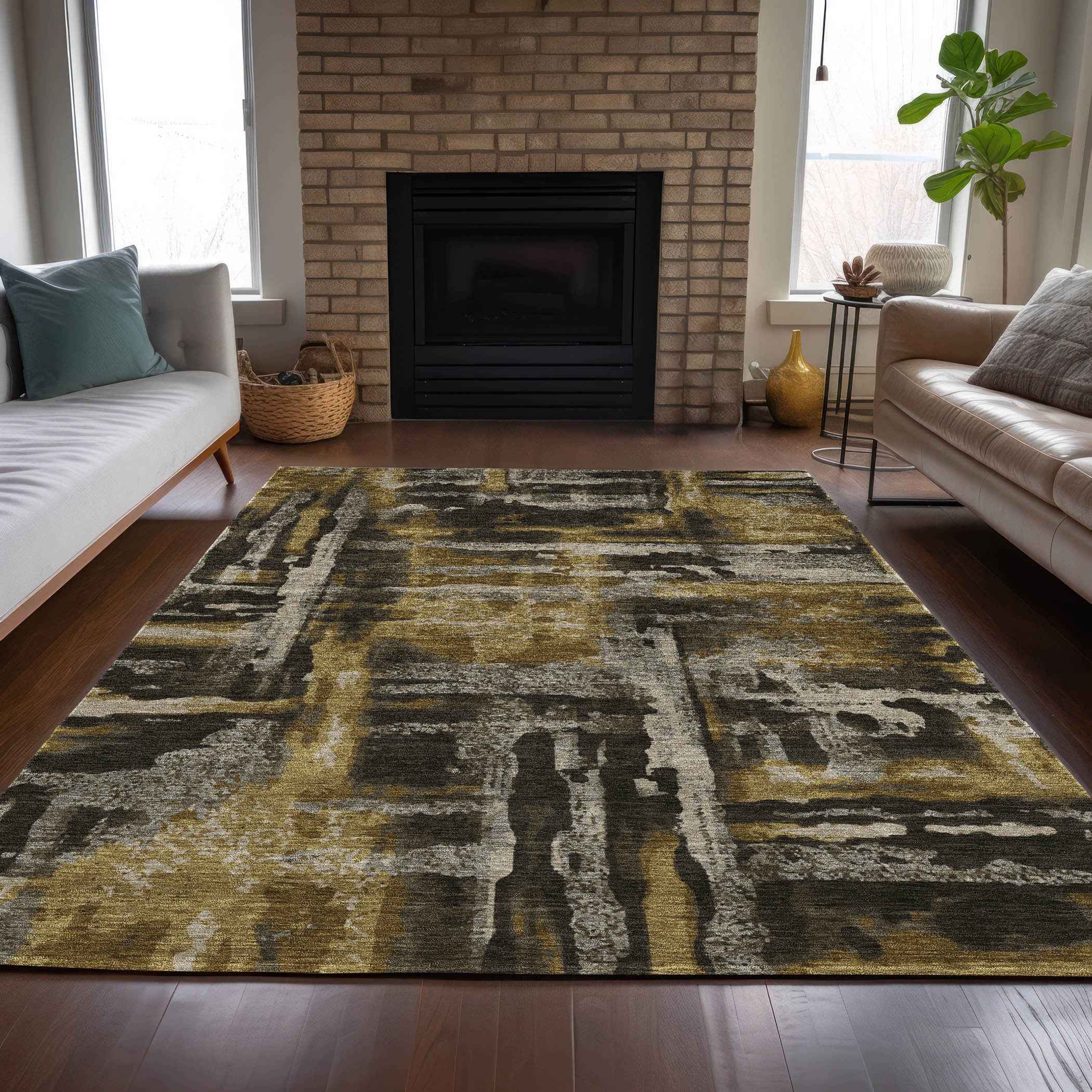 8' X 10' Coffee And Taupe Abstract Washable Indoor Outdoor Area Rug