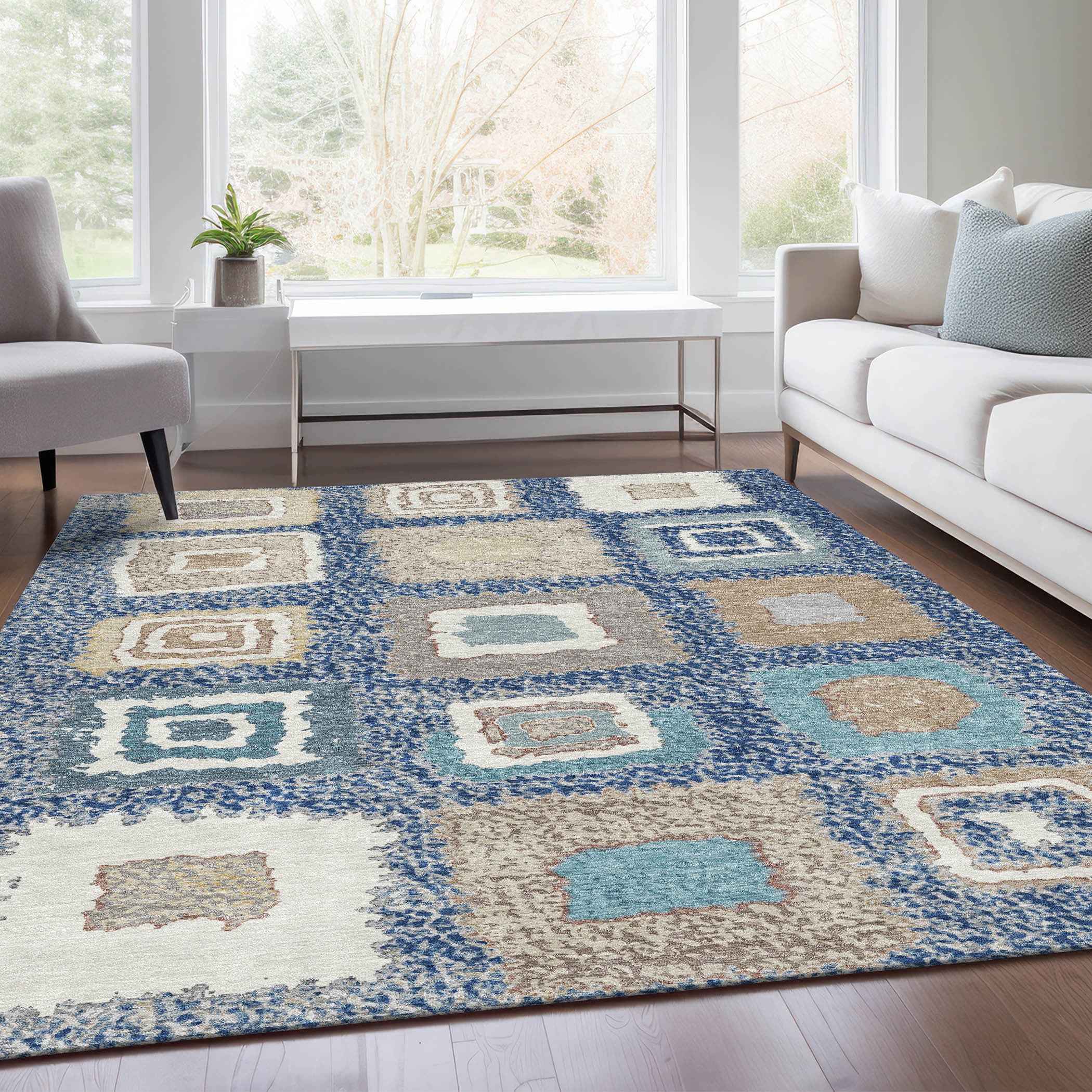 8' X 10' Navy Blue Beige And Ivory Geometric Washable Indoor Outdoor Area Rug