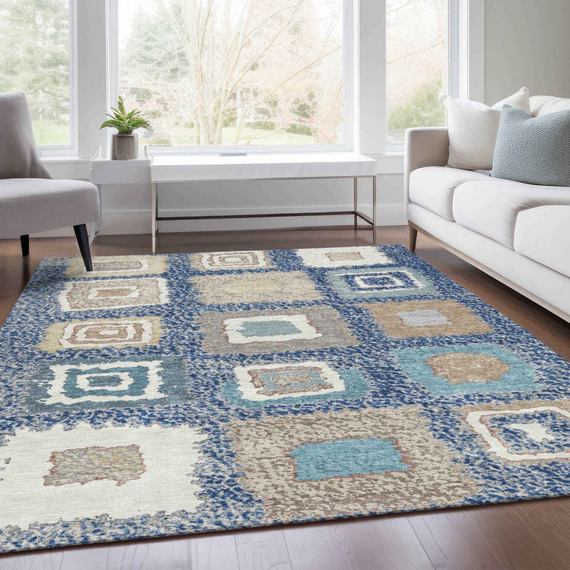 8' X 10' Navy Blue Beige And Ivory Geometric Washable Indoor Outdoor Area Rug