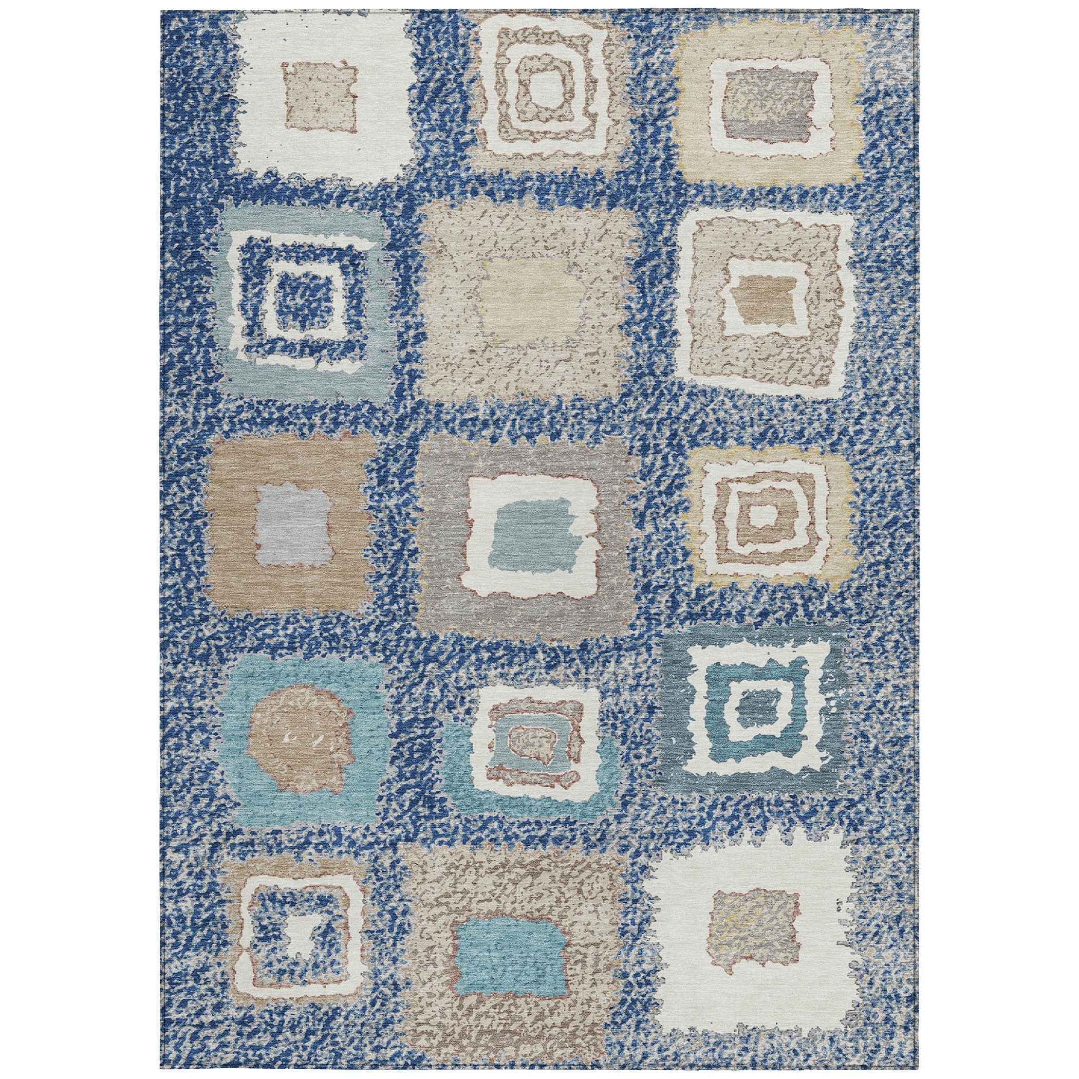 8' X 10' Navy Blue Beige And Ivory Geometric Washable Indoor Outdoor Area Rug