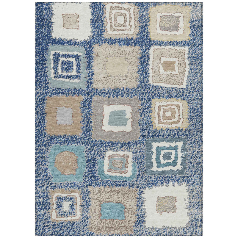 8' X 10' Navy Blue Beige And Ivory Geometric Washable Indoor Outdoor Area Rug