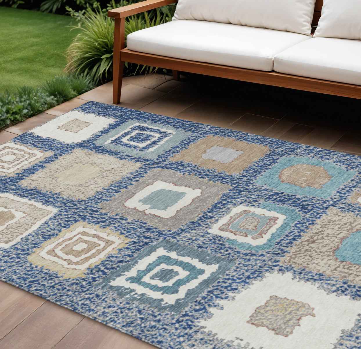 8' X 10' Navy Blue Beige And Ivory Geometric Washable Indoor Outdoor Area Rug