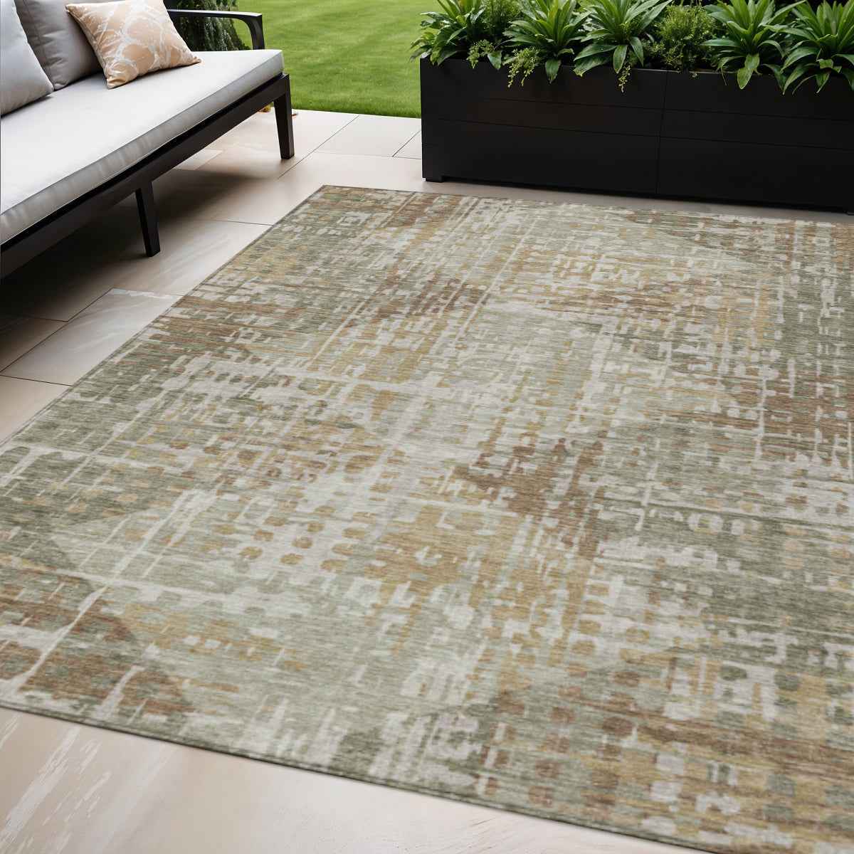 5' X 8' Artichoke Green And Brown Geometric Washable Indoor Outdoor Area Rug