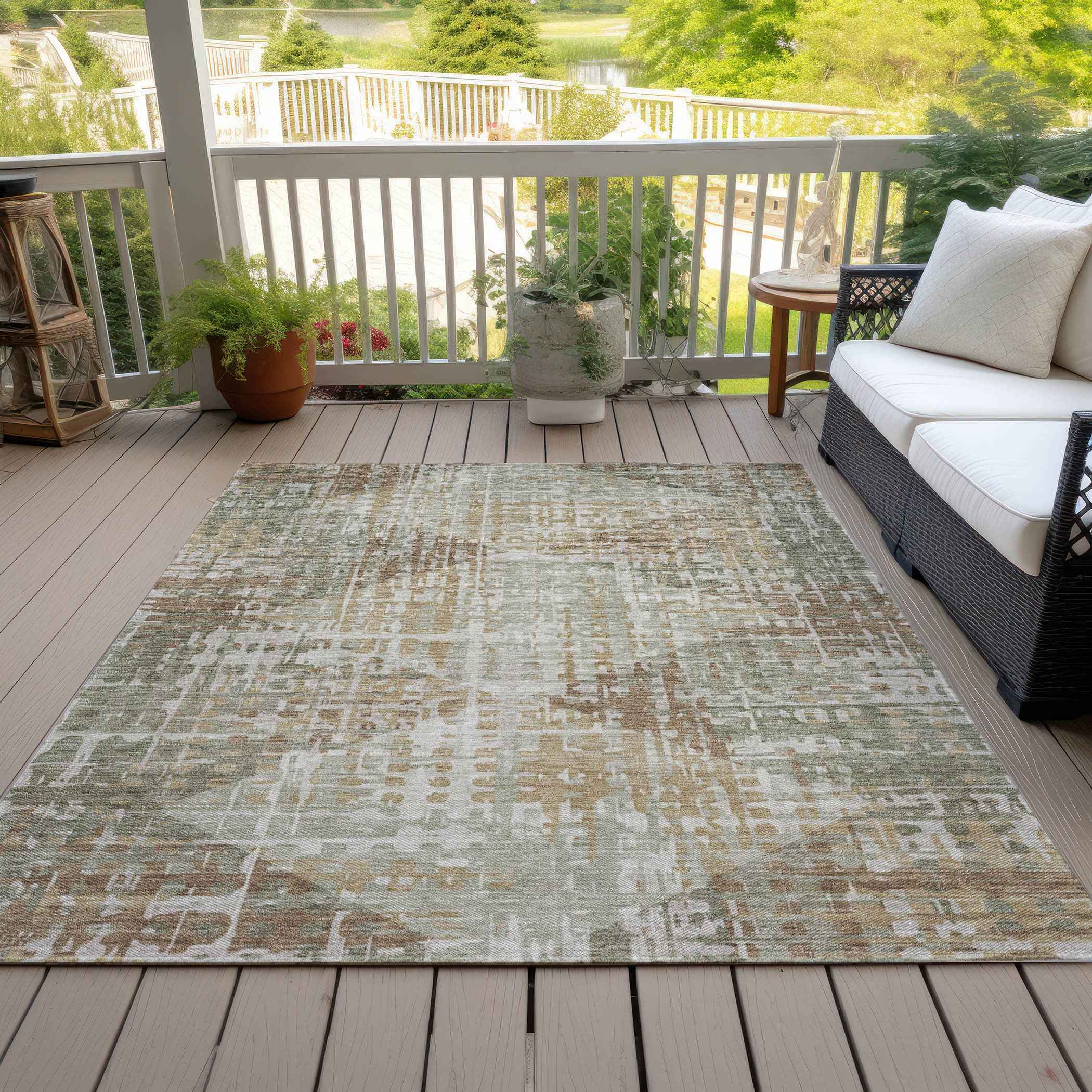 5' X 8' Artichoke Green And Brown Geometric Washable Indoor Outdoor Area Rug