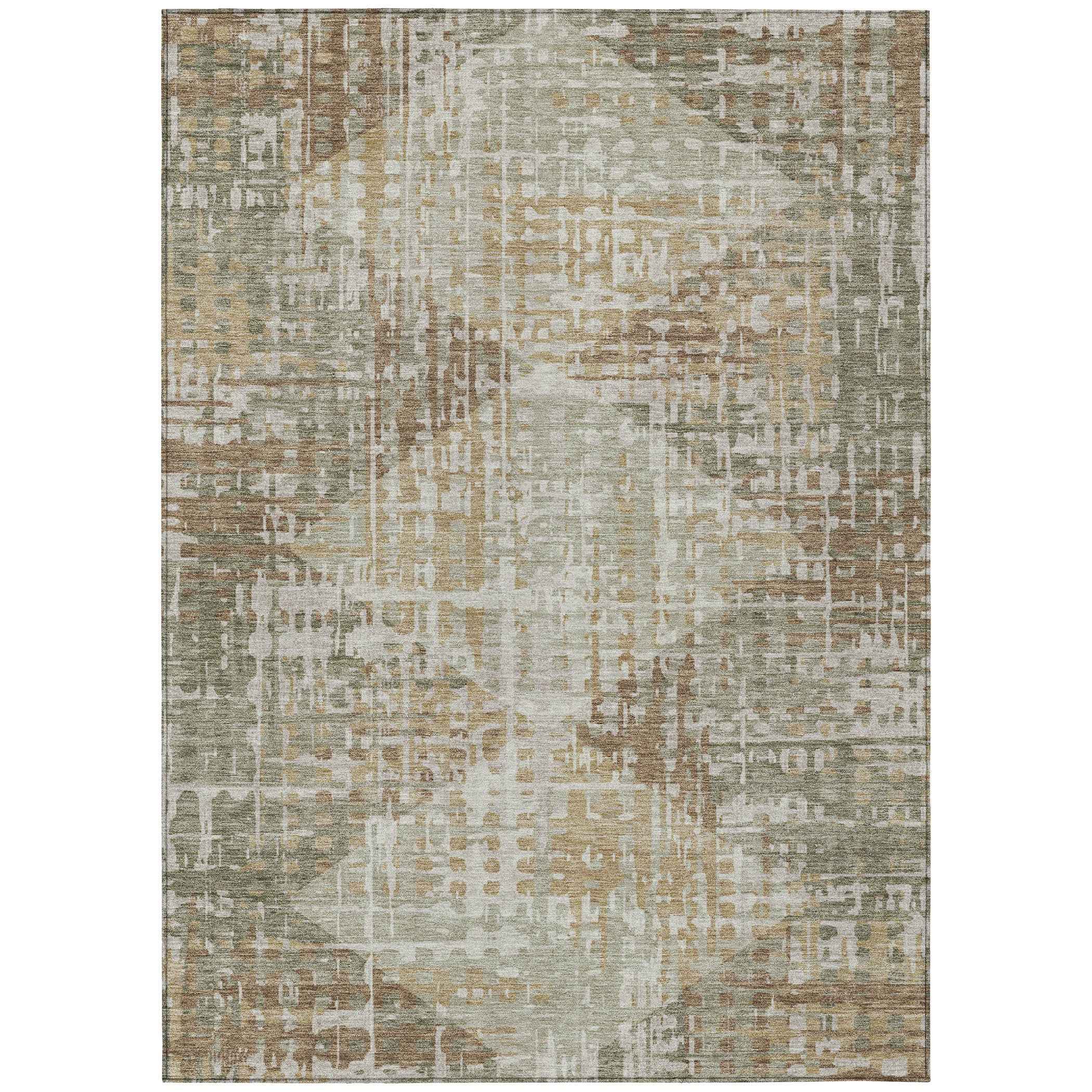5' X 8' Artichoke Green And Brown Geometric Washable Indoor Outdoor Area Rug