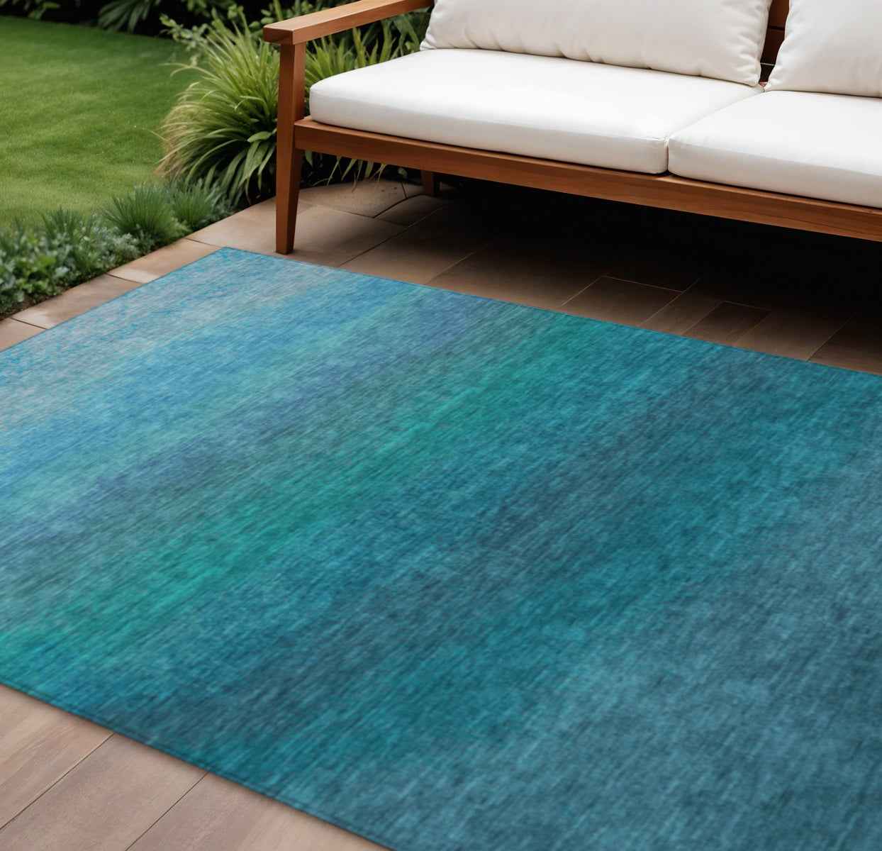 10' X 14' Teal Blue And Sky Blue Ombre Washable Indoor Outdoor Area Rug