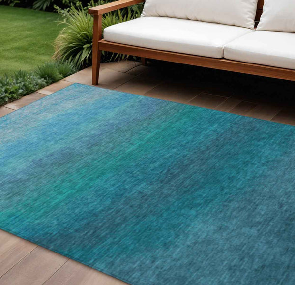 10' X 14' Teal Blue And Sky Blue Ombre Washable Indoor Outdoor Area Rug