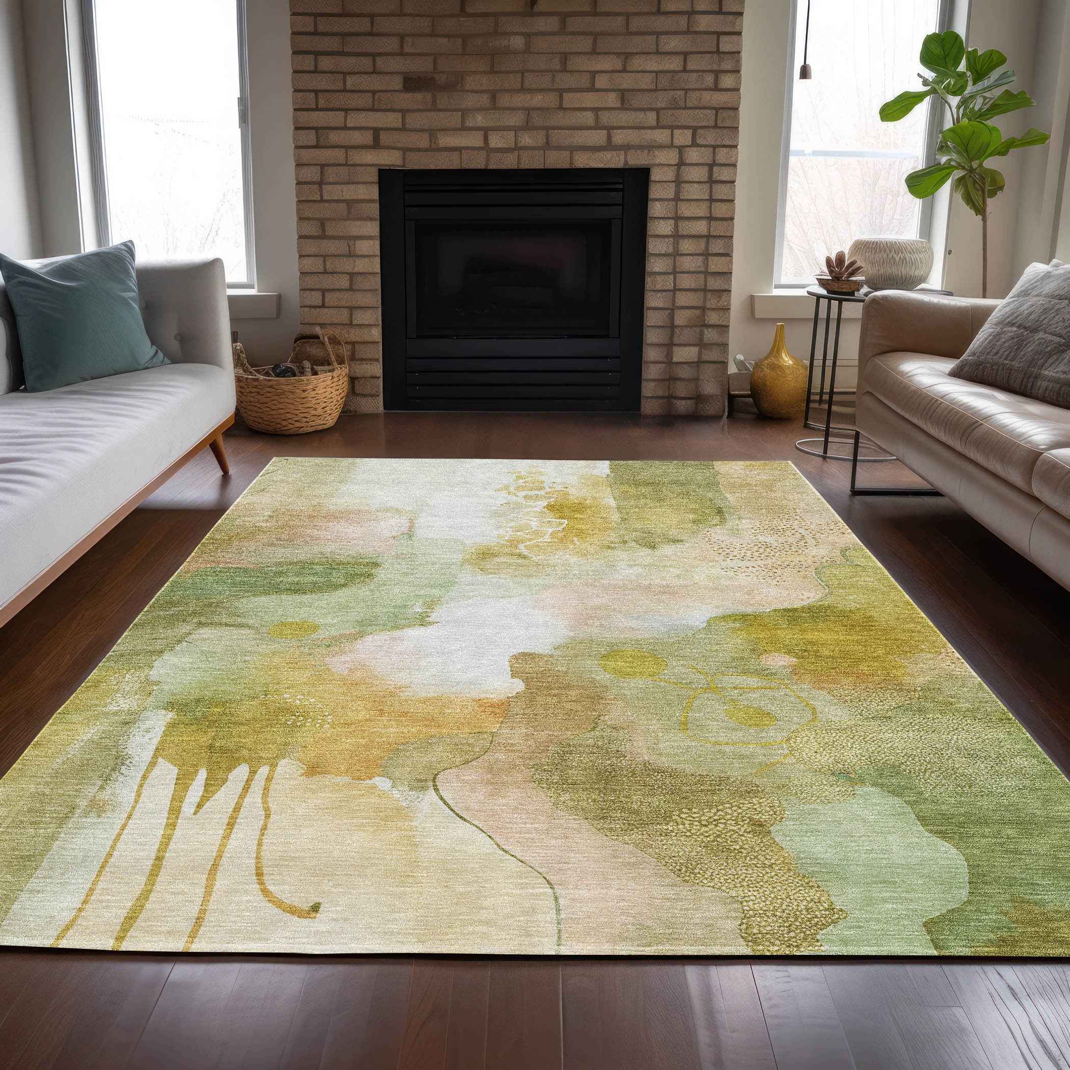 5' X 8' Fern Green Gold And Ivory Abstract Washable Indoor Outdoor Area Rug