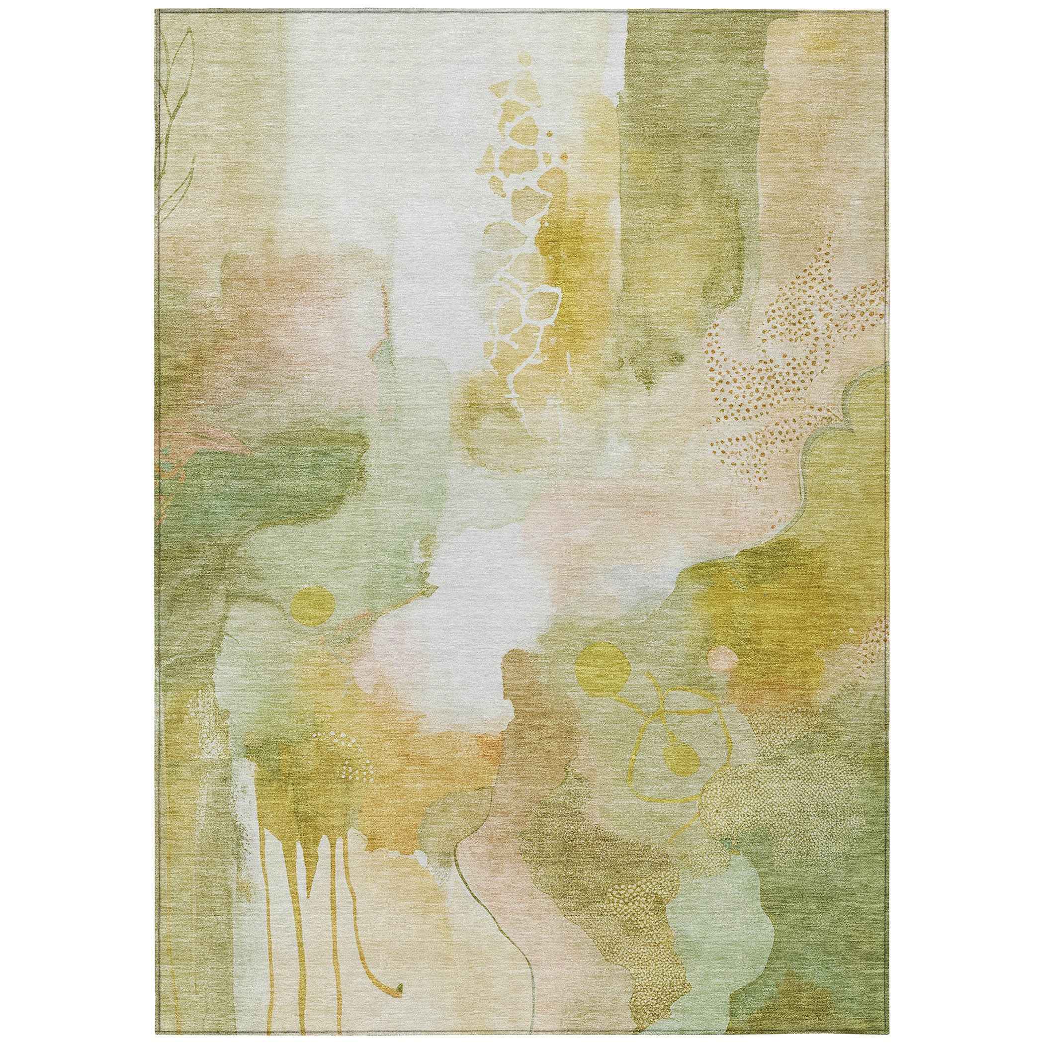 5' X 8' Fern Green Gold And Ivory Abstract Washable Indoor Outdoor Area Rug