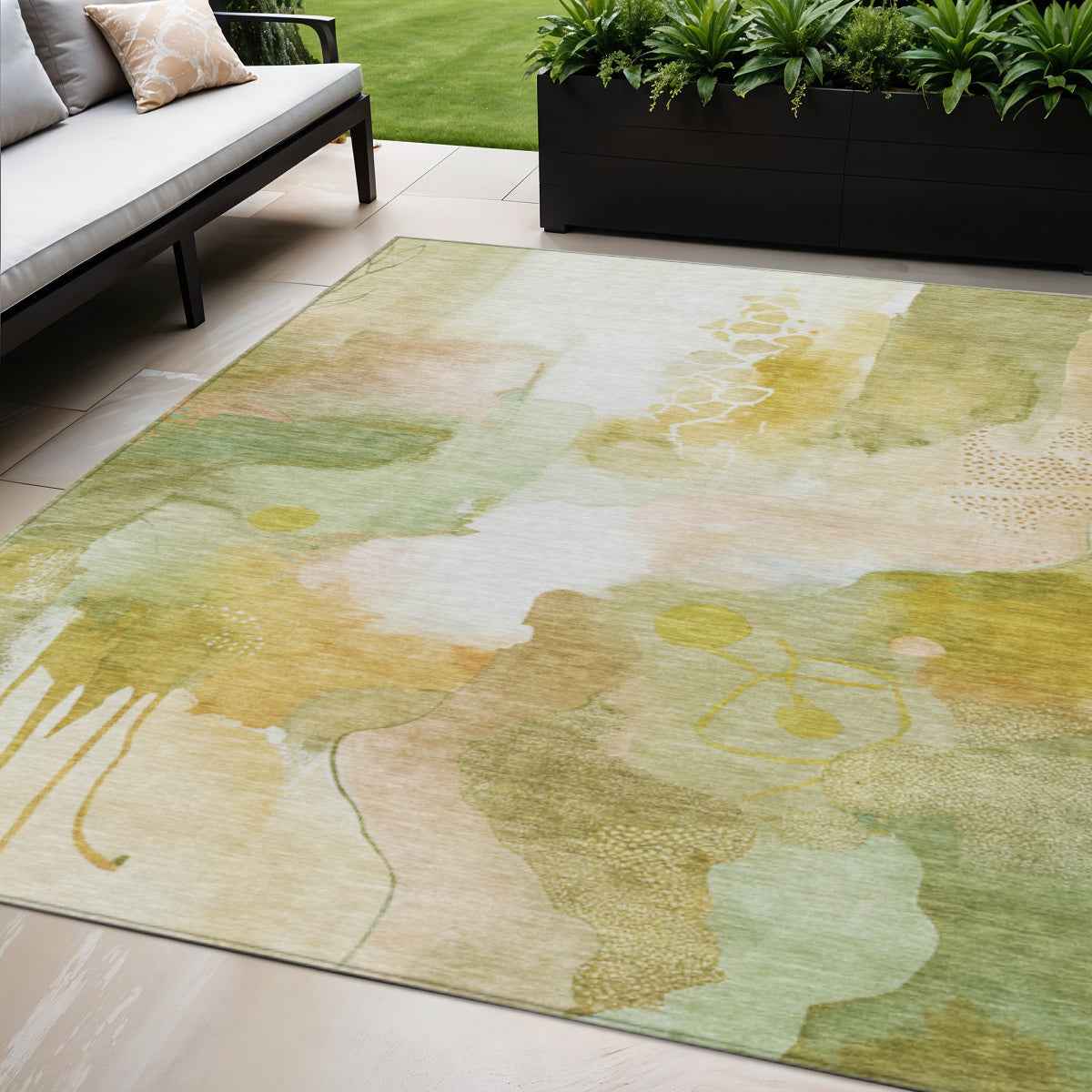 5' X 8' Fern Green Gold And Ivory Abstract Washable Indoor Outdoor Area Rug