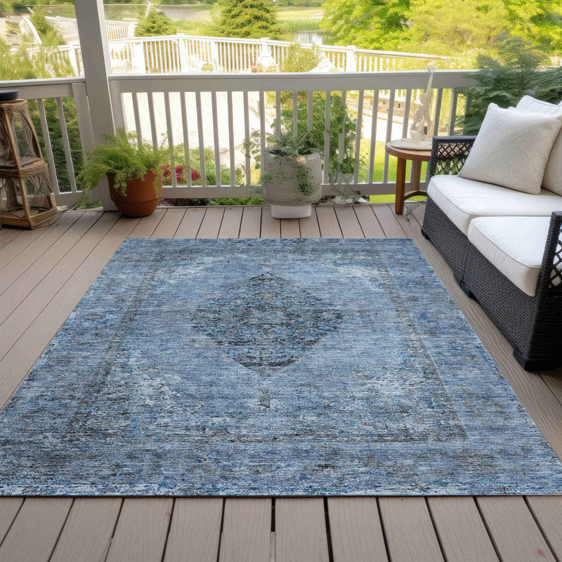 10' X 14' Denim Blue And Gray Medallion Washable Indoor Outdoor Area Rug
