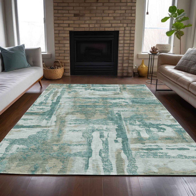 10' X 14' Teal Blue And Ivory Abstract Washable Indoor Outdoor Area Rug