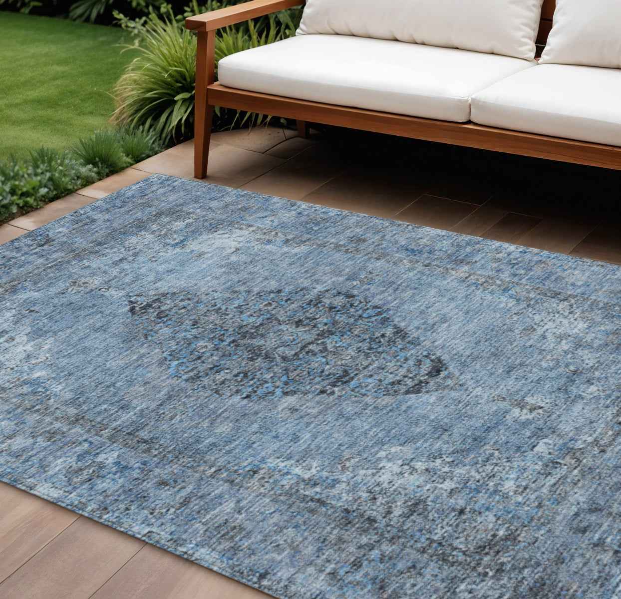 10' X 14' Denim Blue And Gray Medallion Washable Indoor Outdoor Area Rug