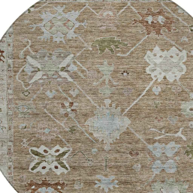 8' Brown And Gray Round Tribal Washable Indoor Outdoor Area Rug