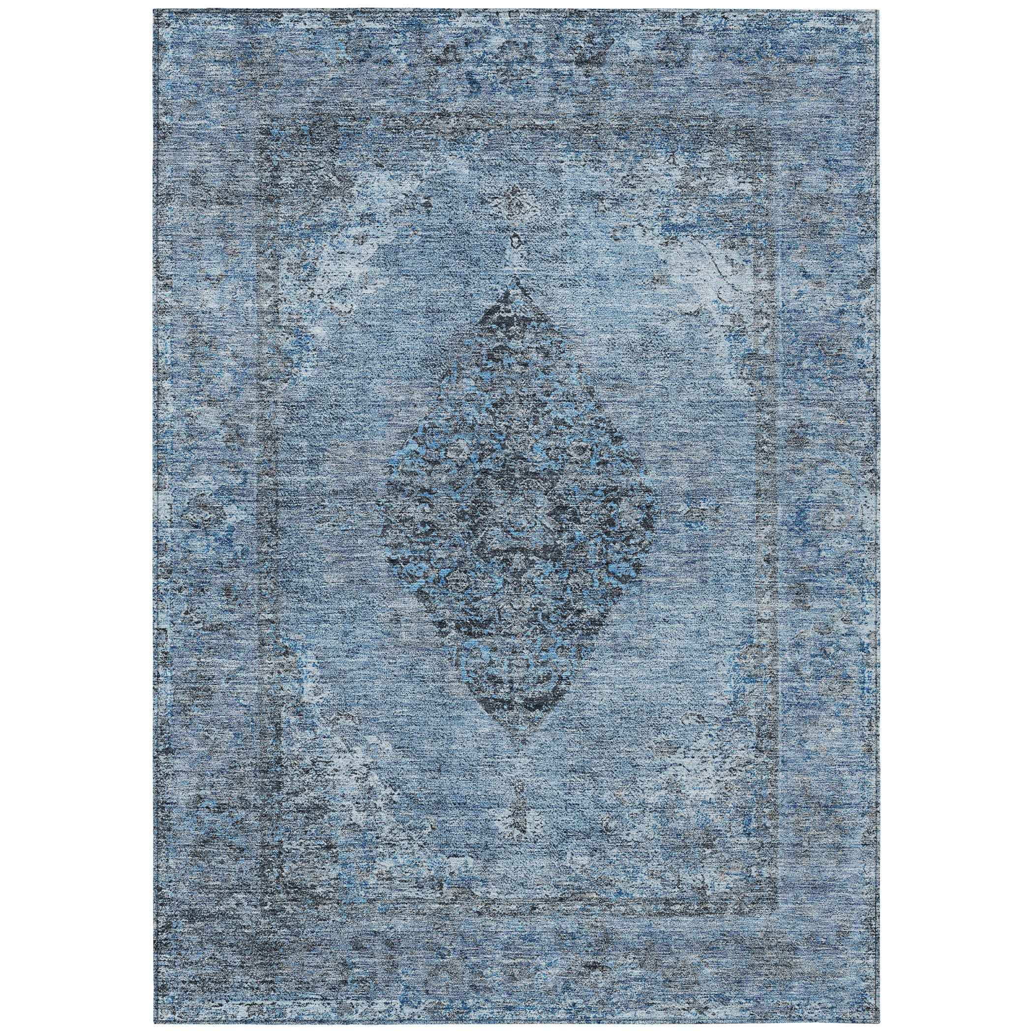 10' X 14' Denim Blue And Gray Medallion Washable Indoor Outdoor Area Rug
