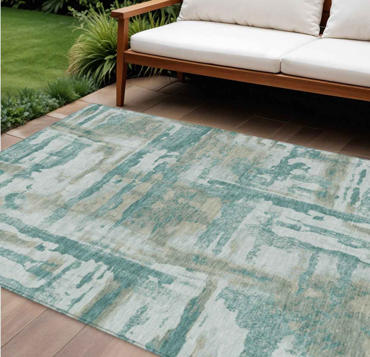 10' X 14' Teal Blue And Ivory Abstract Washable Indoor Outdoor Area Rug