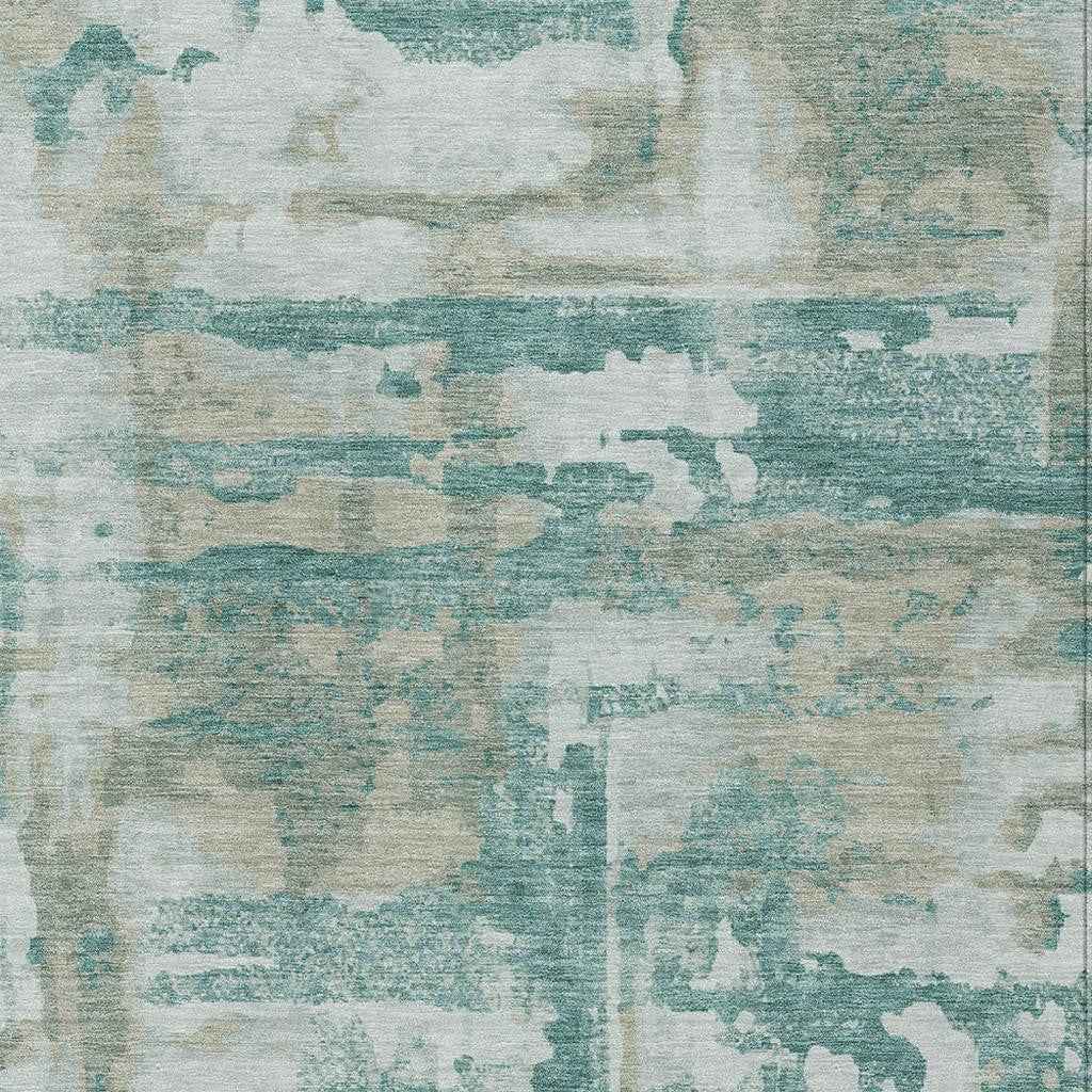 10' X 14' Teal Blue And Ivory Abstract Washable Indoor Outdoor Area Rug
