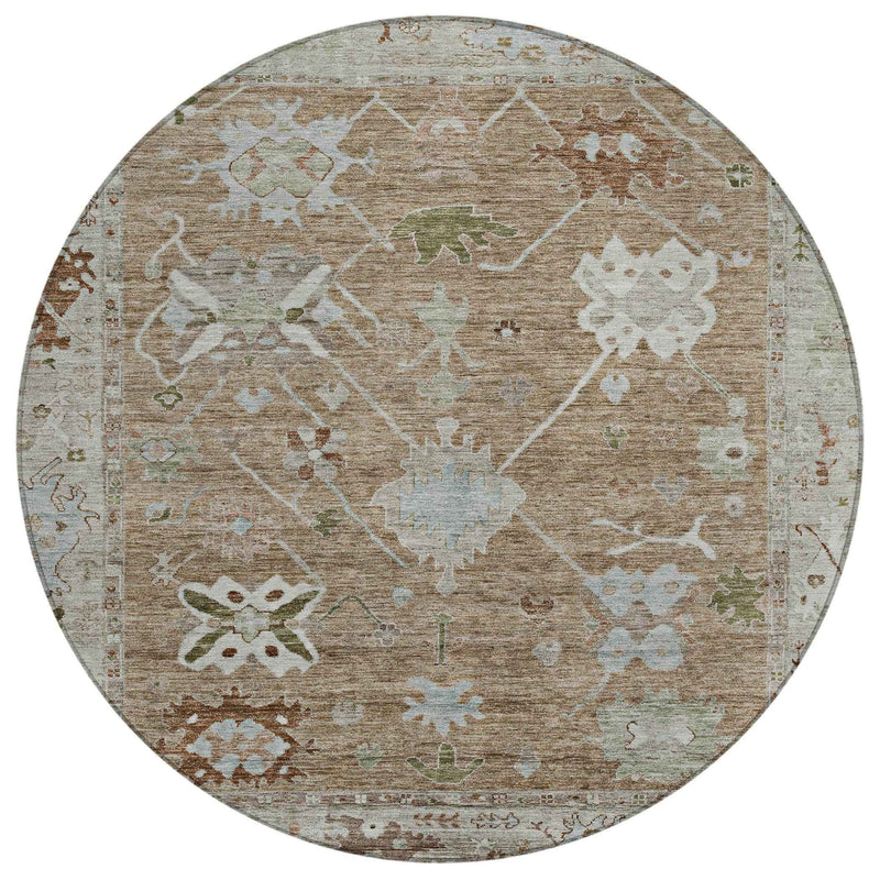 8' Brown And Gray Round Tribal Washable Indoor Outdoor Area Rug