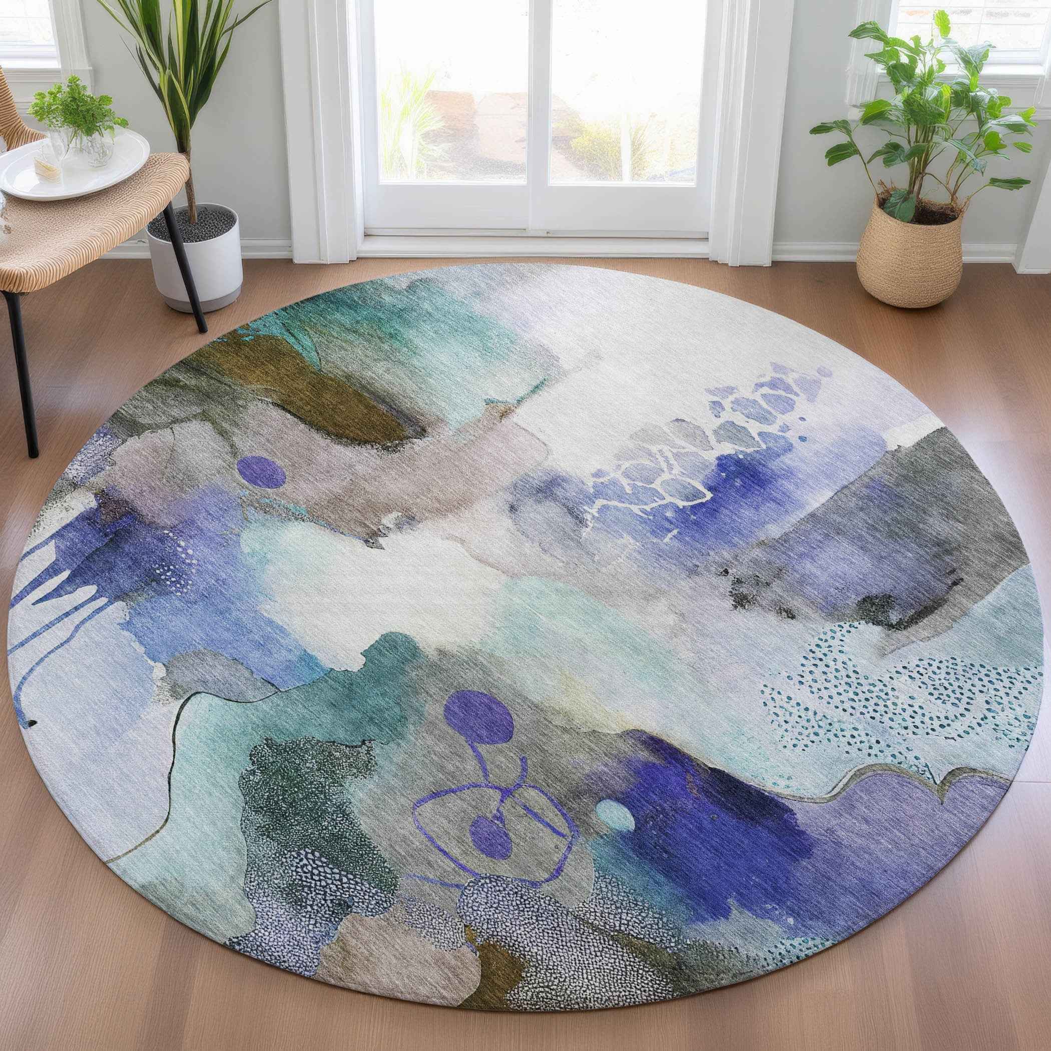 8' Brown Purple And Ivory Round Abstract Washable Indoor Outdoor Area Rug