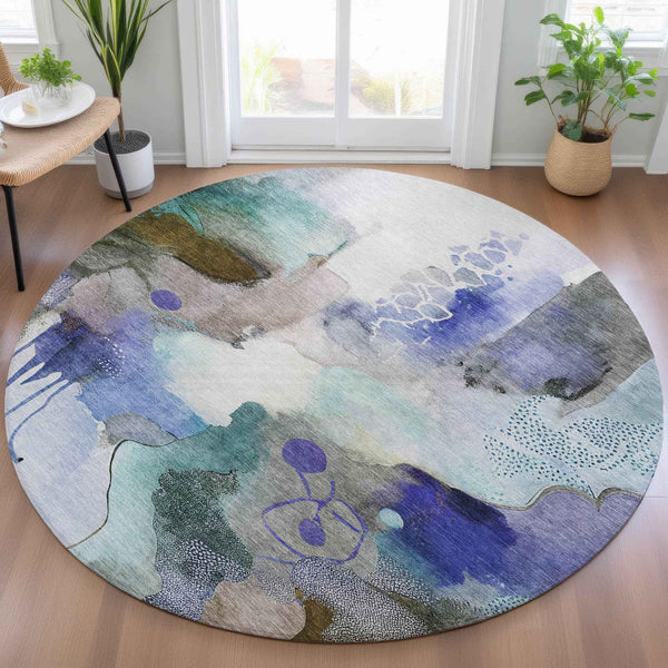 8' Brown Purple And Ivory Round Abstract Washable Indoor Outdoor Area Rug Default Title