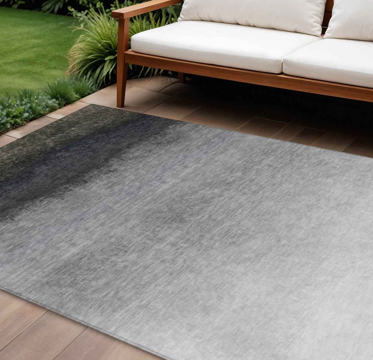 10' X 14' Silver And Black Ombre Washable Indoor Outdoor Area Rug