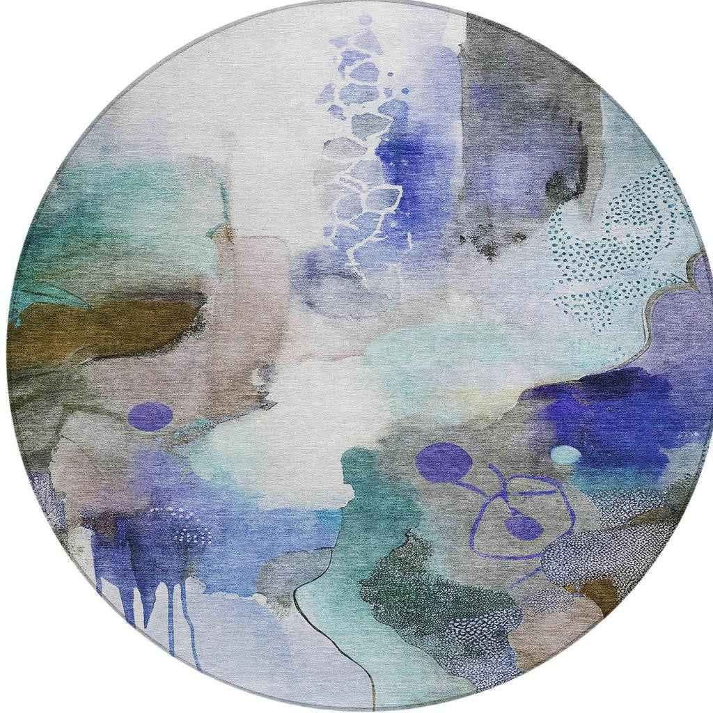 8' Brown Purple And Ivory Round Abstract Washable Indoor Outdoor Area Rug