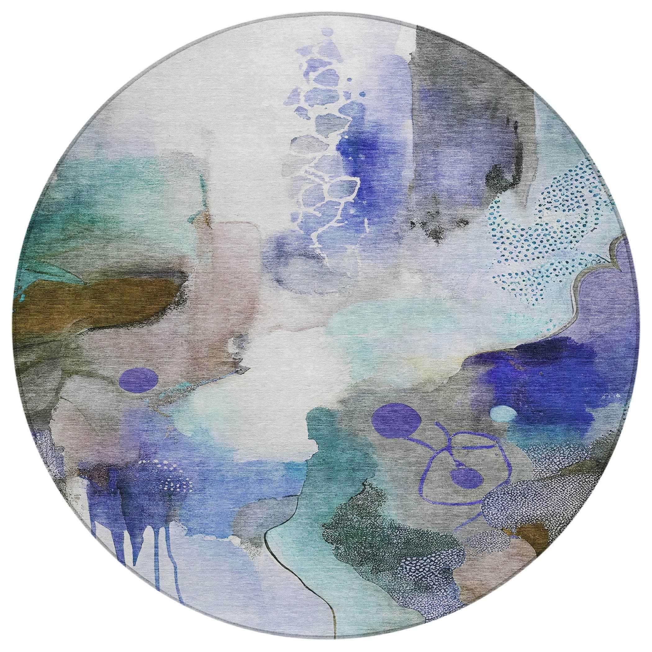 8' Brown Purple And Ivory Round Abstract Washable Indoor Outdoor Area Rug