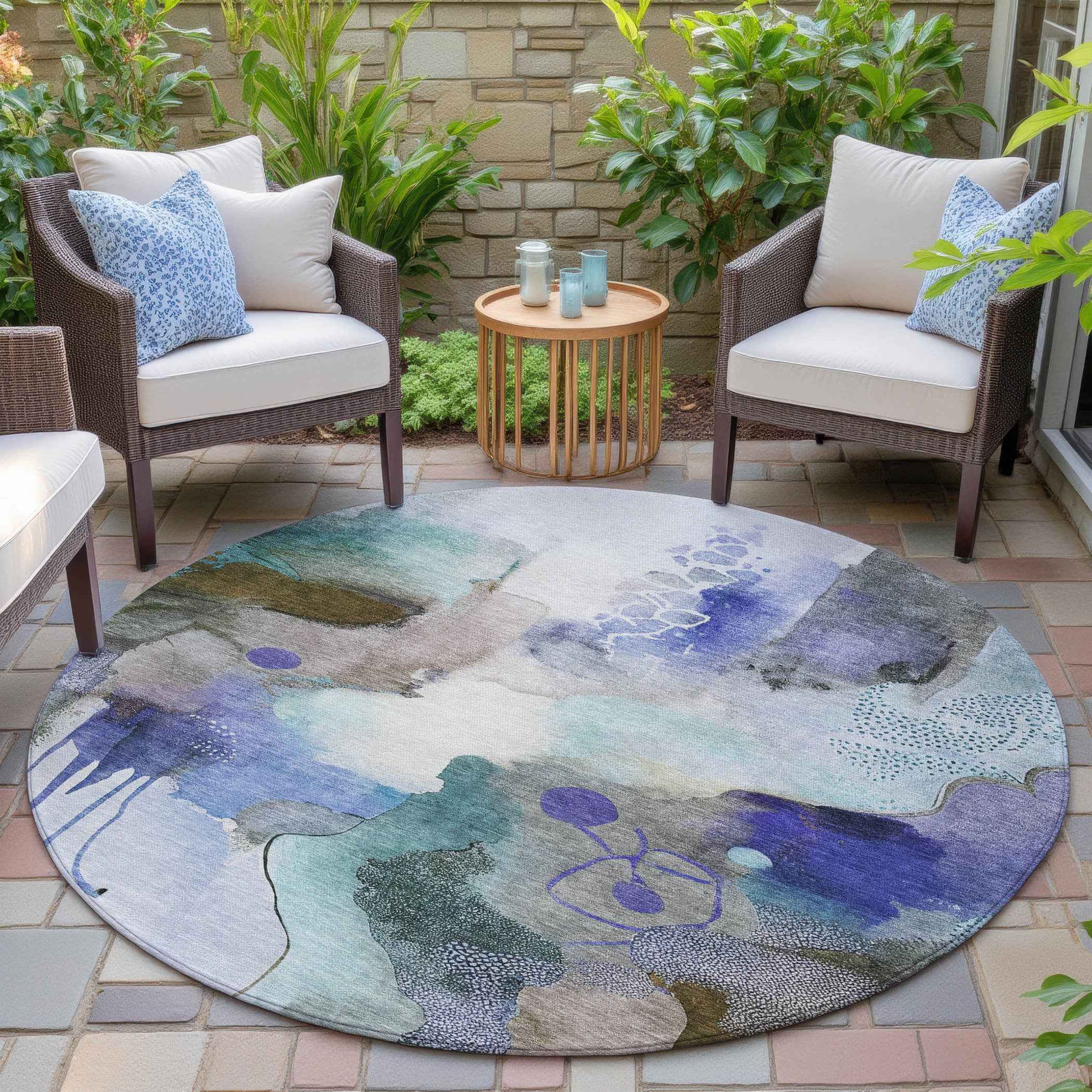 8' Brown Purple And Ivory Round Abstract Washable Indoor Outdoor Area Rug