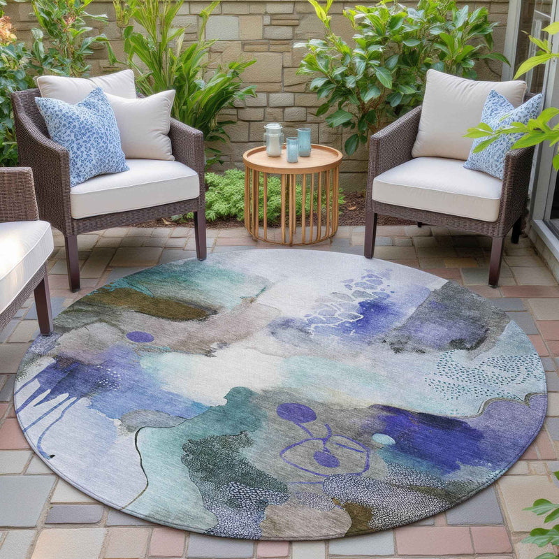 8' Brown Purple And Ivory Round Abstract Washable Indoor Outdoor Area Rug