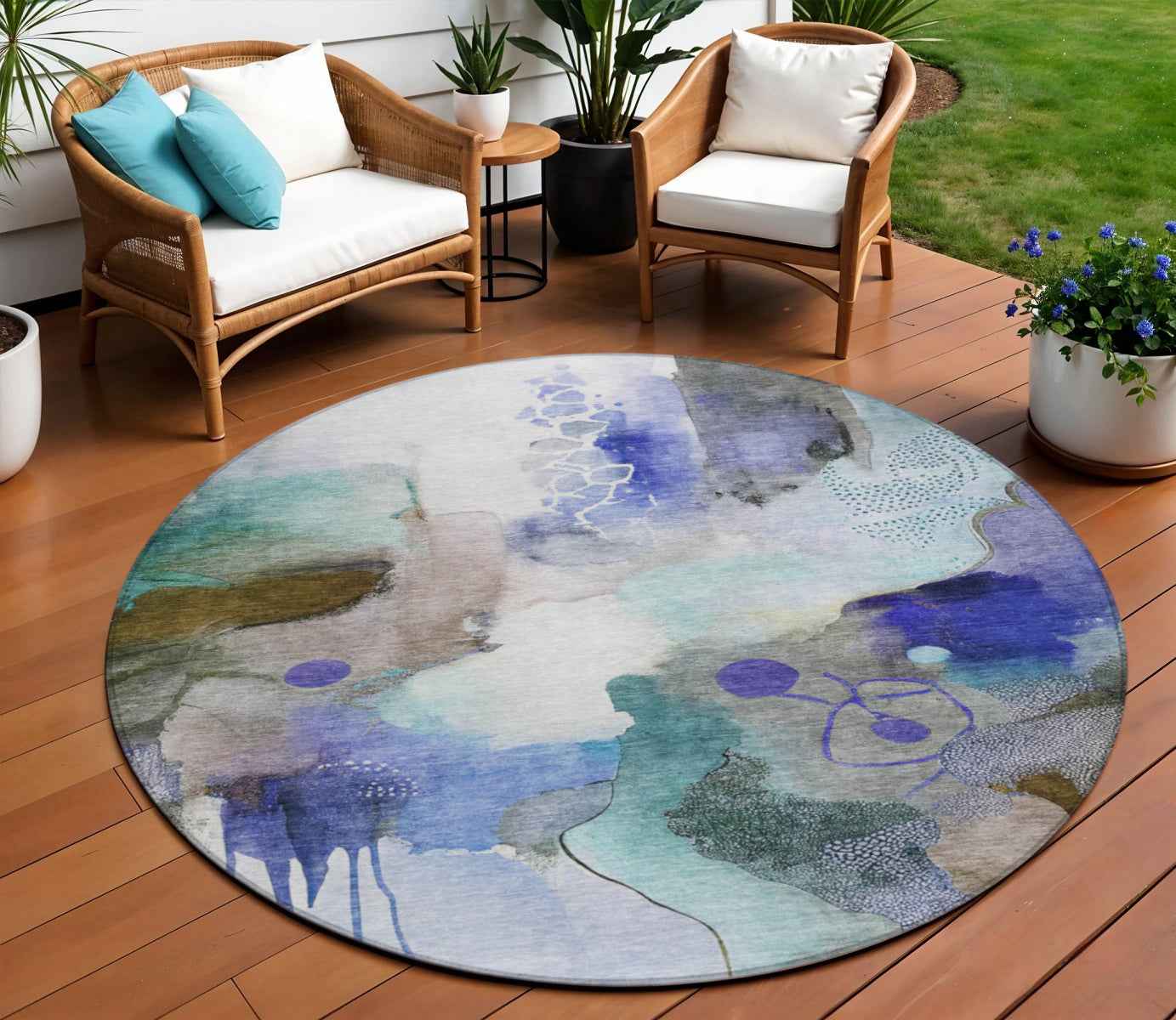 8' Brown Purple And Ivory Round Abstract Washable Indoor Outdoor Area Rug