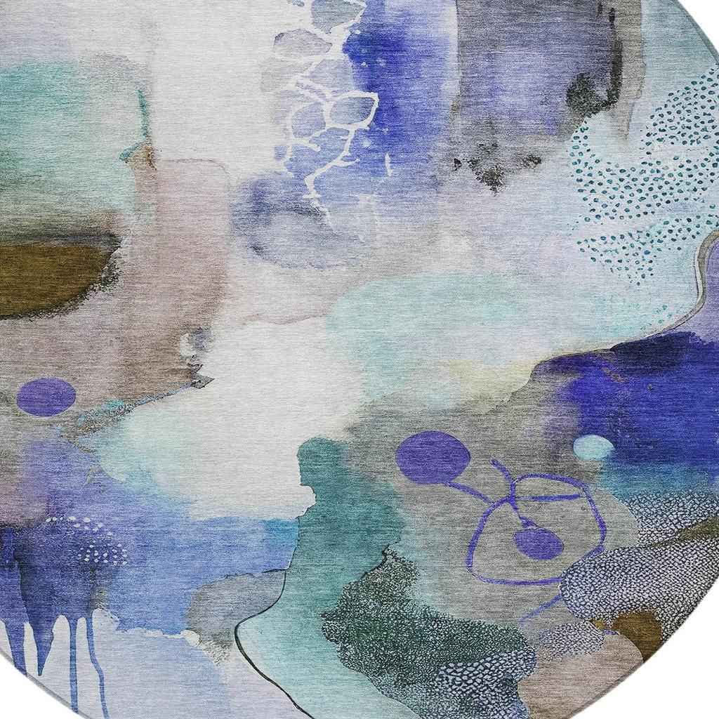8' Brown Purple And Ivory Round Abstract Washable Indoor Outdoor Area Rug