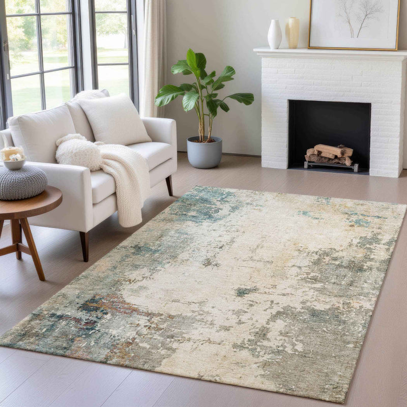 3' X 5' Ivory And Taupe Abstract Washable Indoor Outdoor Area Rug