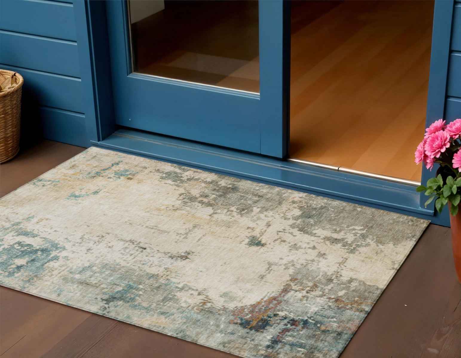 3' X 5' Ivory And Taupe Abstract Washable Indoor Outdoor Area Rug