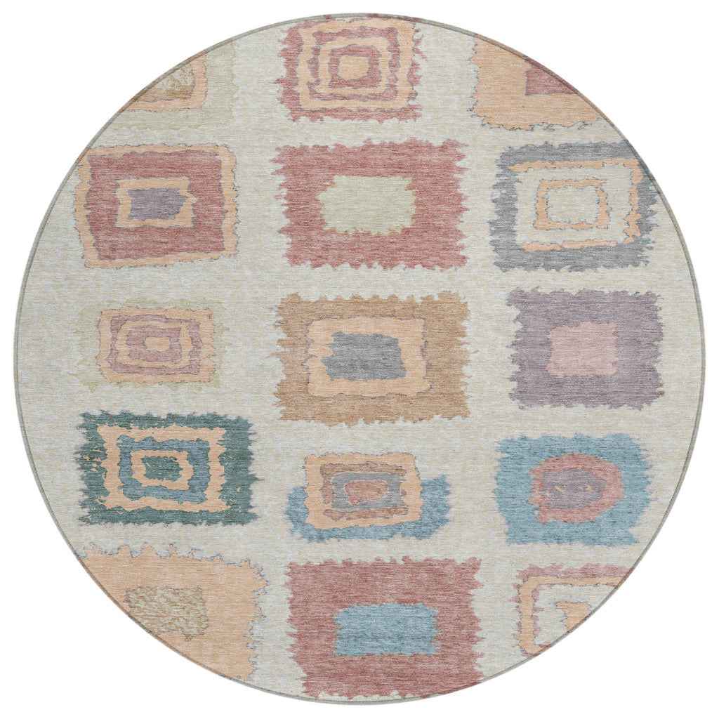 8' Peach Ivory And Beige Round Geometric Washable Indoor Outdoor Area Rug