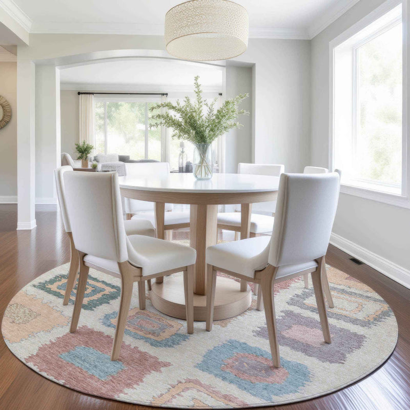 8' Peach Ivory And Beige Round Geometric Washable Indoor Outdoor Area Rug