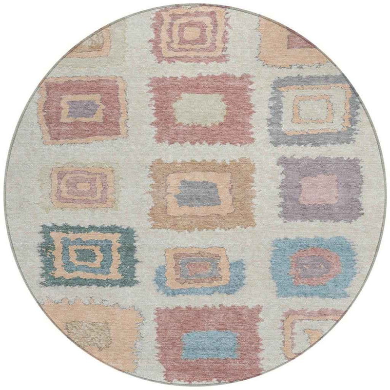 8' Peach Ivory And Beige Round Geometric Washable Indoor Outdoor Area Rug