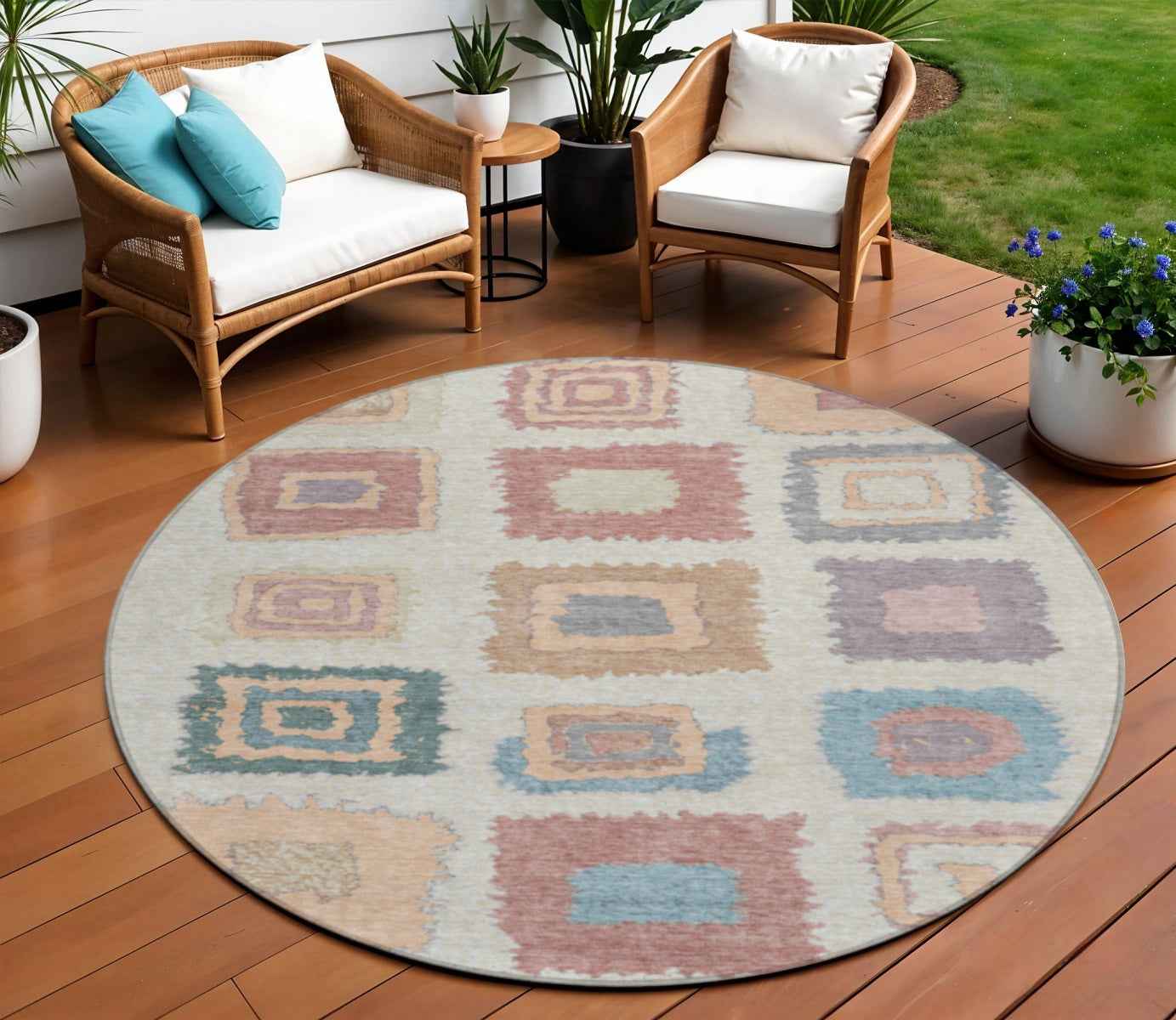8' Peach Ivory And Beige Round Geometric Washable Indoor Outdoor Area Rug