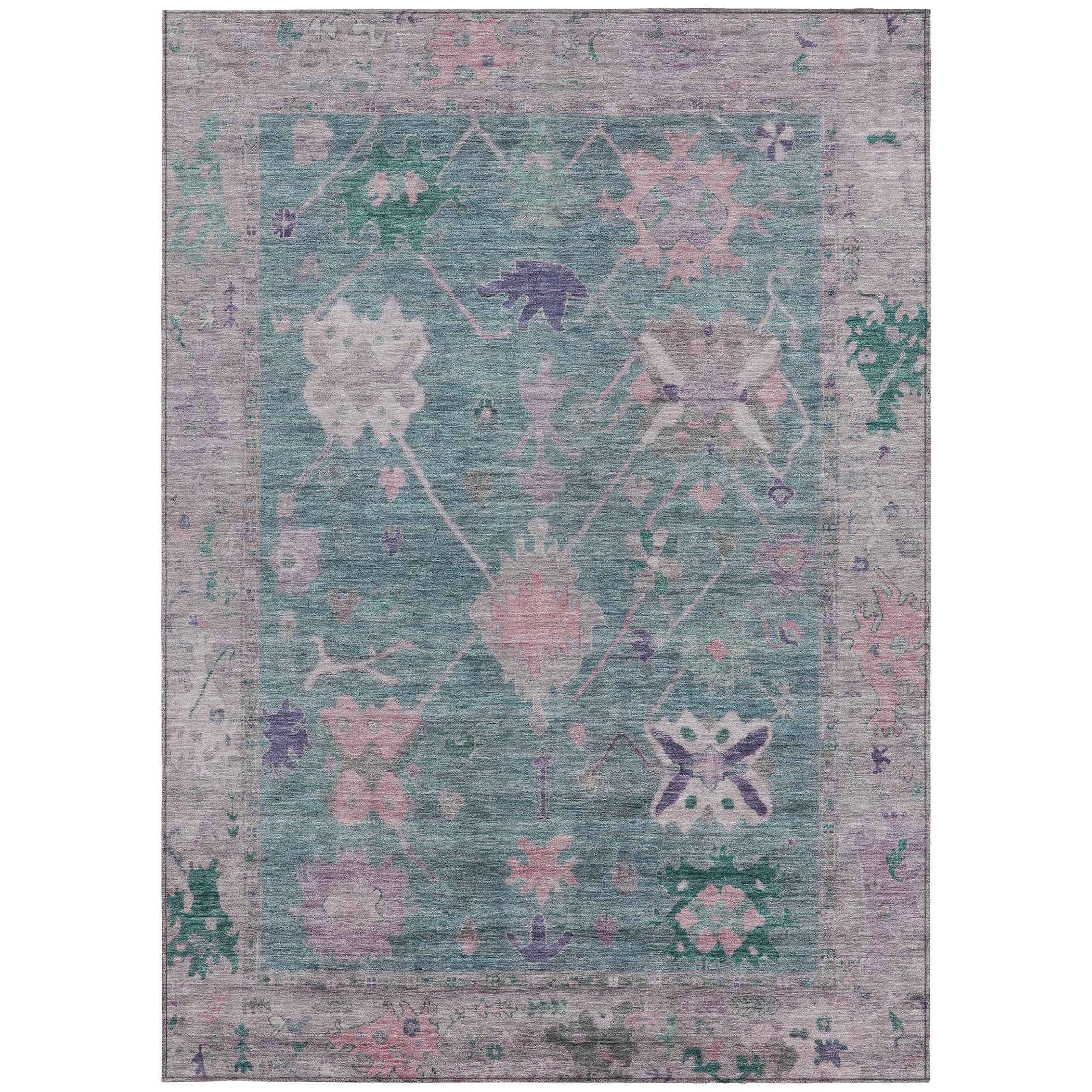 5' X 8' Green And Purple Tribal Washable Indoor Outdoor Area Rug